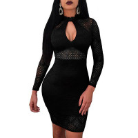 Sheer Lace Crochet Zipper Bodycon Dress - black