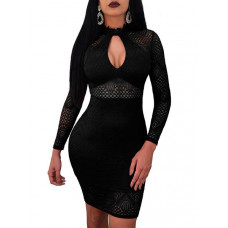 Sheer Lace Crochet Zipper Bodycon Dress - black