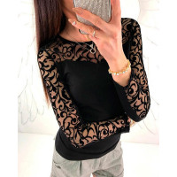 Sheer Mesh Appliqued Patchwork Blouse - black