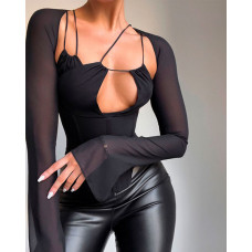 Sheer Mesh Bell Sleeve Asymmetrical Cutout Corset Top - black