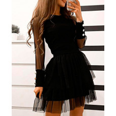 Sheer Mesh Button Design Layered Dress - black