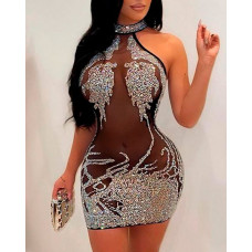 Sheer Mesh Contrast Rhinestone Bodycon Dress - black