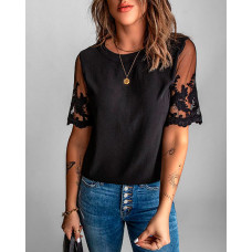 Sheer Mesh Crochet Lace Patch Top - black