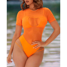 Sheer Mesh Cutout One Piece Swimsuit - orange