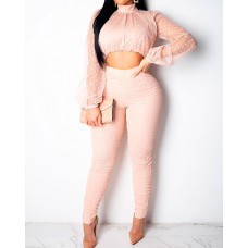 Sheer Mesh Dot Crop Top & Pant Sets - pink