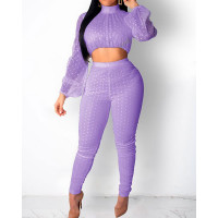 Sheer Mesh Dot Crop Top & Pant Sets - purple