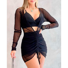 Sheer Mesh Drawstring Ruched Mini Dress With Crop Top - black