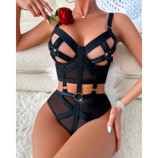 Sheer Mesh Hollow Out O-Ring Multi Straps Teddy - black