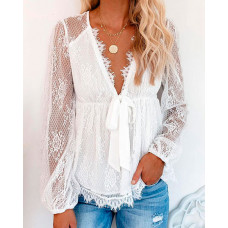 Sheer Mesh Lace Trim Lantern Sleeve Top - white