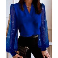 Sheer Mesh Lantern Sleeve Top - blue