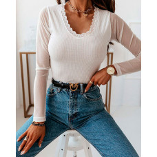 Sheer Mesh Long Sleeve Lace Trim Ribbed Top - white