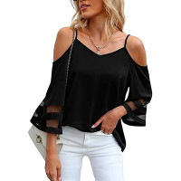 Sheer Mesh Patch Bell Sleeve Cold Shoulder Top - black