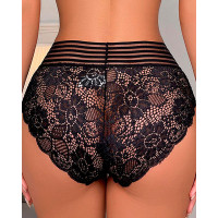 Sheer Mesh Patch Crochet Lace Panty - black