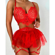 Sheer Mesh Patch Lace Garter Lingerie Set - red