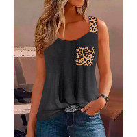 Sheer Mesh Patch Leopard Print Tank Top - Dark grey