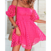 Sheer Mesh Patch Off Shoulder Dress - hot pink