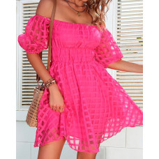 Sheer Mesh Patch Off Shoulder Dress - hot pink