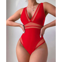 Sheer Mesh Patch One Piece Swimsuit - red