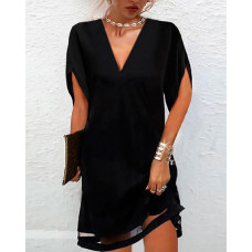 Sheer Mesh Patch V-Neck Casual Dress - black