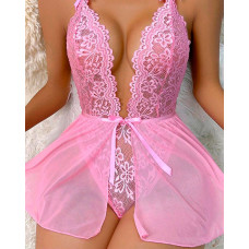 Sheer Mesh Patchwork Plunge Teddy - pink