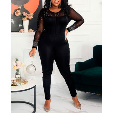 Sheer Mesh Rhinestone Decor Long Sleeve Jumpsuit - black