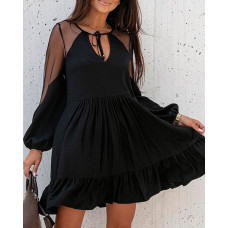 Sheer Mesh Ruffle Hem Tied Detail Casual Dress - black