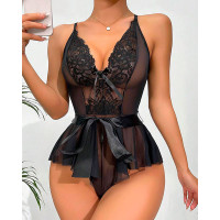 Sheer Mesh Tied Detail Lace Patch Teddy - black