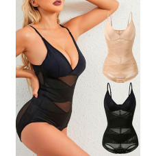 Sheer Mesh Tummy Control Slim Waist Crotchless Shapewear Bodysuit - black