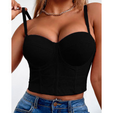 Sheer Mesh V-Neck Spaghetti Strap Corset Crop Top - black