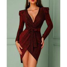 Shiny Ruched Tie Waist Wrap Irregular Dress - Dark Red