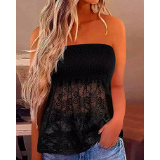 Shirred Bandeau Crochet Lace Tank Top - black