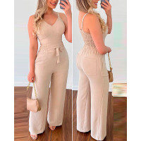 Shirred Cami Top & High Waist Pants Set - Apricot