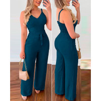 Shirred Cami Top & High Waist Pants Set - blue