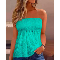 Shirred Crochet Lace Patch Tank Top - green