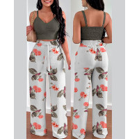 Shirred Crop Top & Plants Print High Waist Pants Set - white