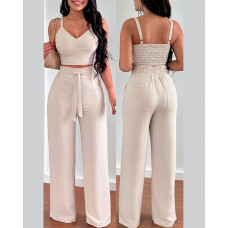 Shirred Crop Top & Pocket Design Wide Leg Pants Set - beige