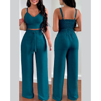 Shirred Crop Top & Pocket Design Wide Leg Pants Set - blue