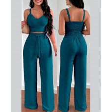 Shirred Crop Top & Pocket Design Wide Leg Pants Set - blue