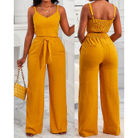 Shirred Crop Top & Pocket Design Wide Leg Pants Set - yellow