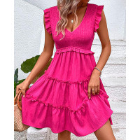 Shirred Frill Hem Casual Smock Dress - hot pink