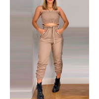 Shirred Frill Hem Crop Top & Pocket Design Pants Set - khaki