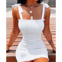 Shirred Frill Hem Tied Detail Bodycon Dress - white