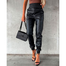 Shirred High Waist PU Leather Cuffed Pants - black