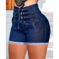 Shirred Lace-up High Waist Denim Shorts - blue