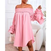 Shirred Off Shoulder Bell Sleeve Casual Dress - pink