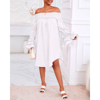 Shirred Off Shoulder Bell Sleeve Casual Dress - white