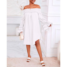 Shirred Off Shoulder Bell Sleeve Casual Dress - white