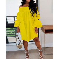 Shirred Off Shoulder Bell Sleeve Casual Dress - yellow