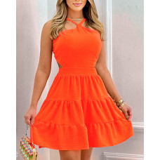 Shirred Open Back Ruffle Hem Casual Dress - orange