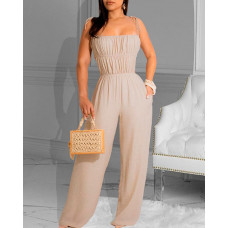 Shirred Pocket Design Wide Leg Jumpsuit - Apricot